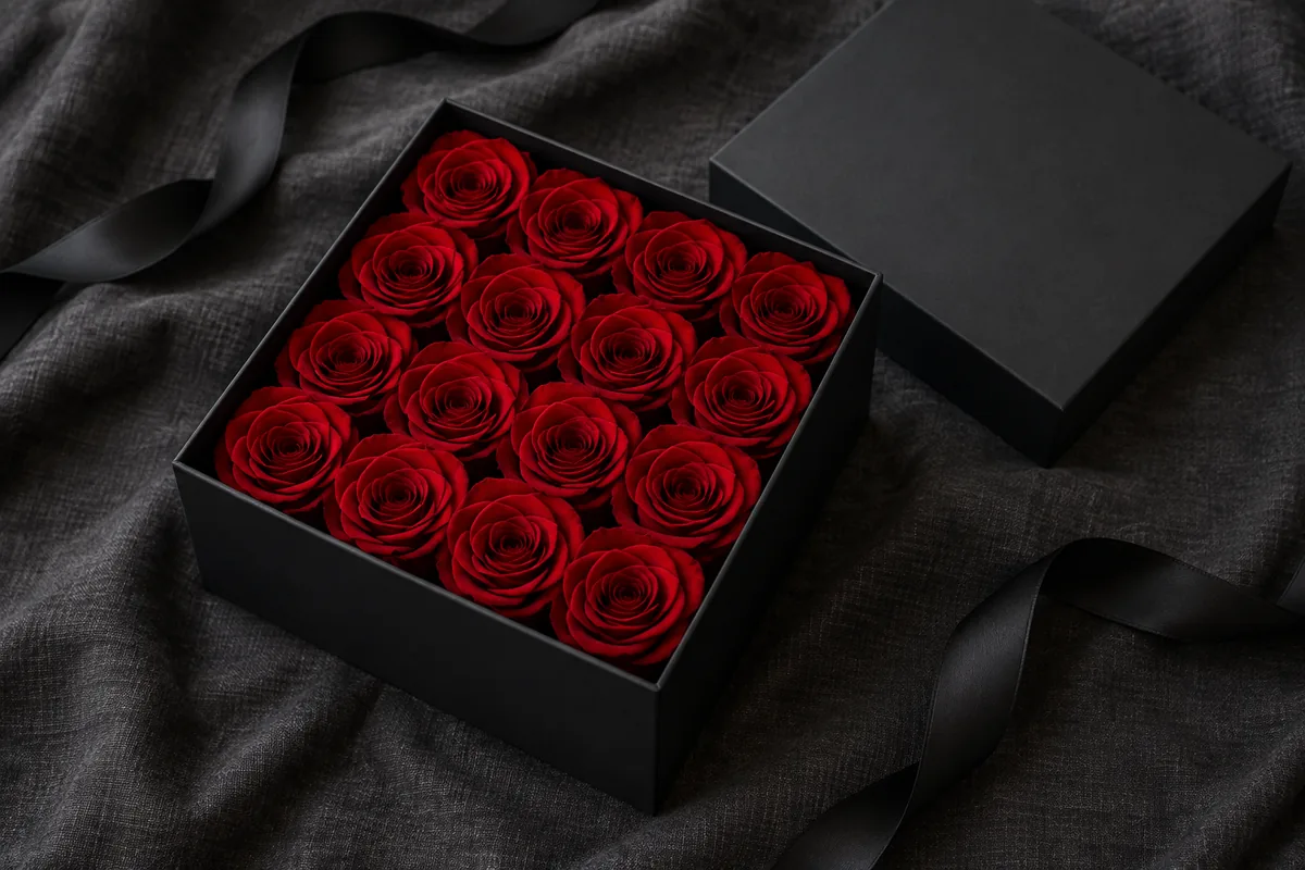 En svart rosbox med sexton röda evighetsrosor och locket bredvid.